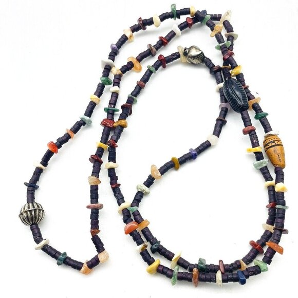 Faux Stone Chip Station Necklace Multicolor Brass Tone Ethnic Native Tribal Gift - Picture 1 of 8